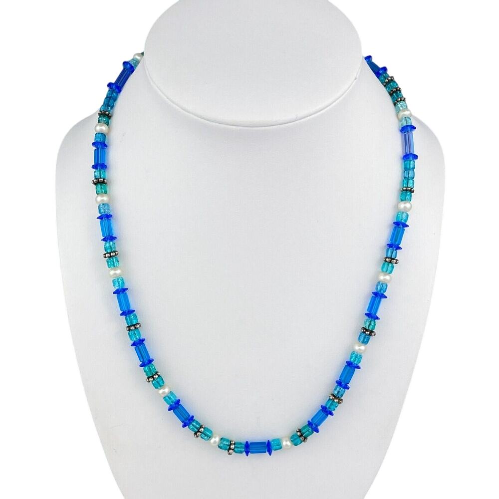 Vintage Sterling Silver 925 Blue Glass White Pearl Beaded Necklace 19"